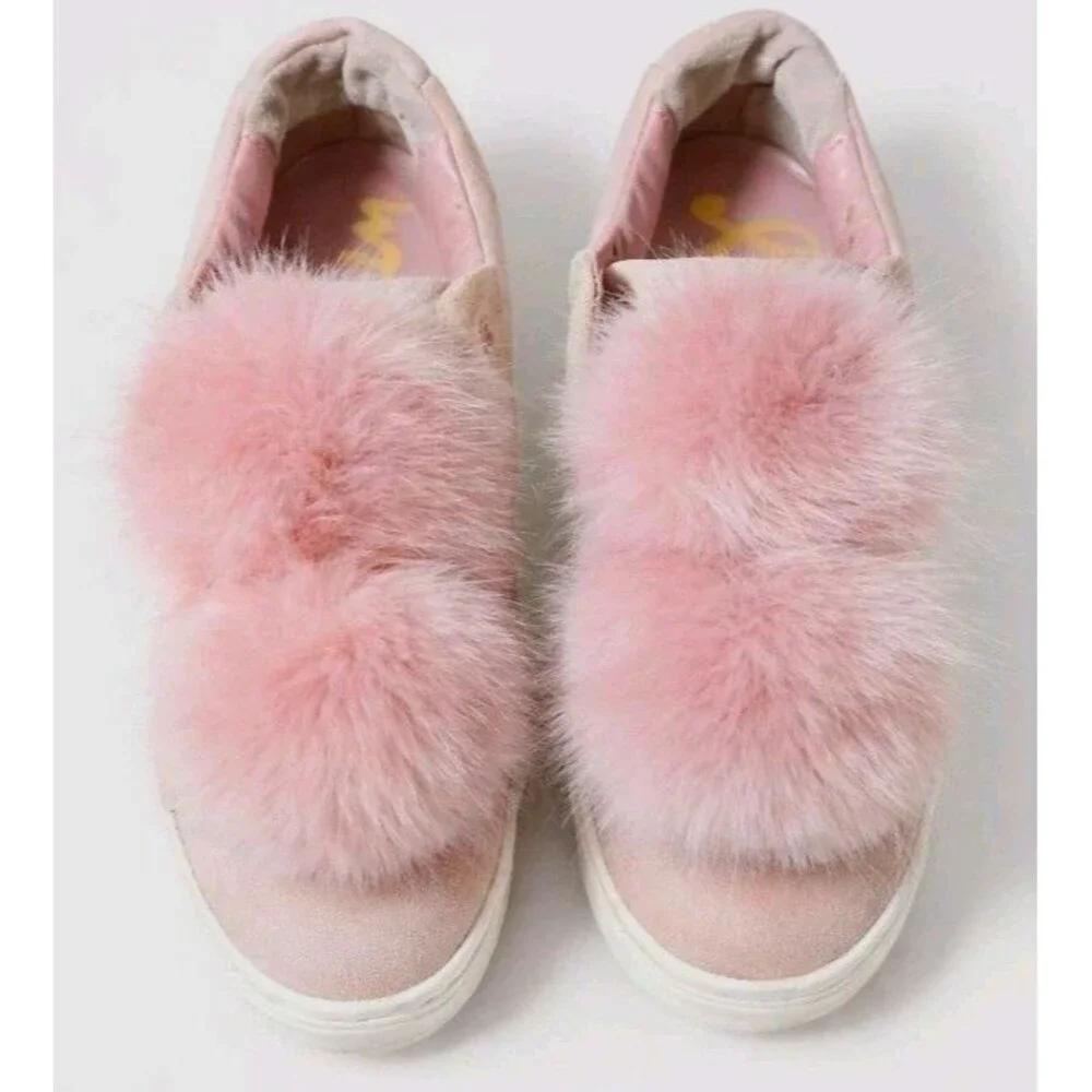 Sam Edelman Pink Suede Pom Pom Slip On Sneakers Womens 6 Blush Faux Fur